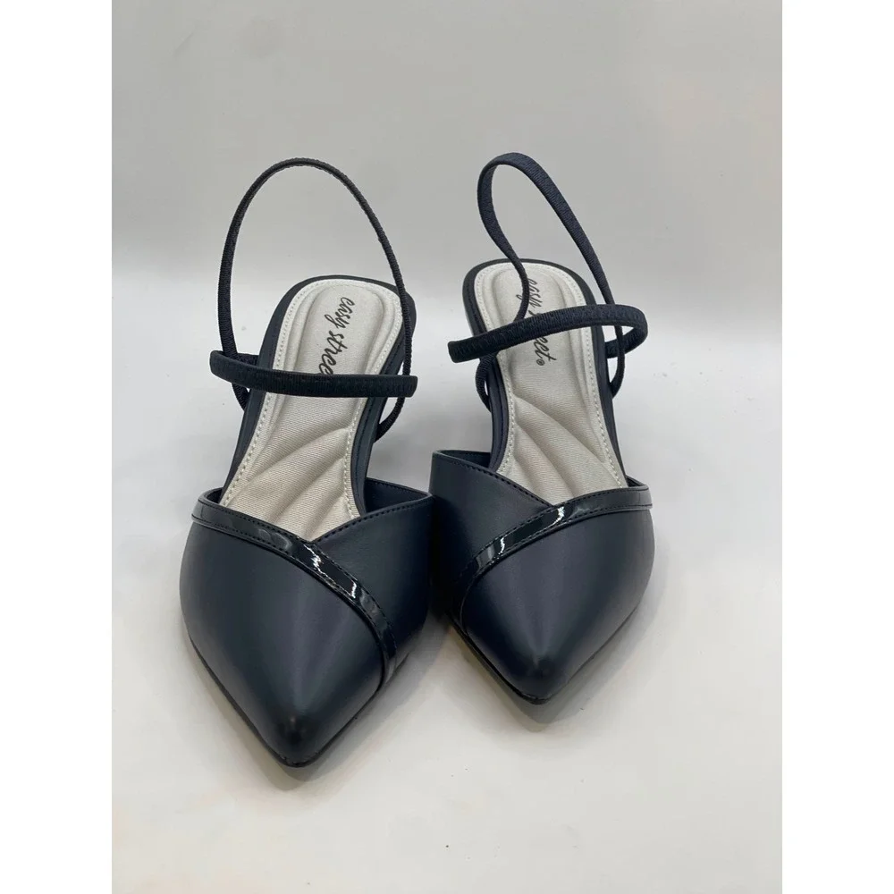 Easy Street Unna Navy Blue Slingback Kitten Heel Pumps 7W Pointed Toe